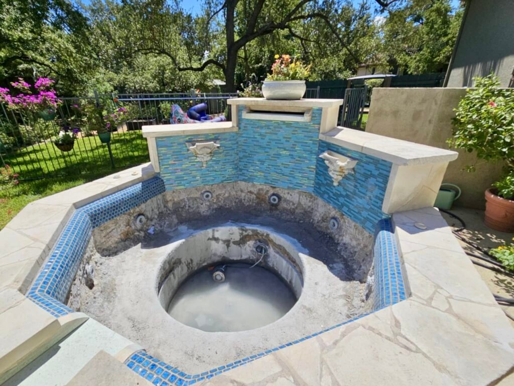 Swimming Pool Scuppers install; tile and coping; Blessing Pools